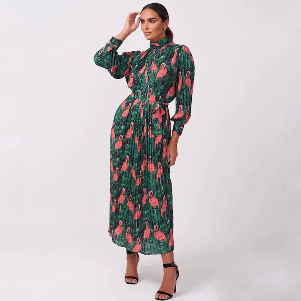 Forever Unique Flamingo Print Pleated Maxi Dress 4